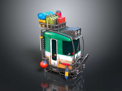 Small Green And White Vehicle With Colorful Storage Boxes On Top And Front Bumper 3d model