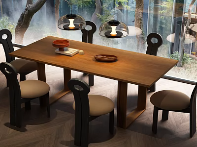 Wooden Dining Table Set With Matching Chairs Hanging Pendant Lights And Natural Scenery Interior 3d model
