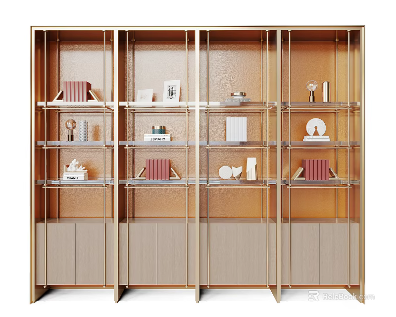 Modern Display Cabinet With Golden Frame Glass Shelves And Beige Doors 3d model 