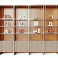 Modern Display Cabinet With Golden Frame Glass Shelves And Beige Doors