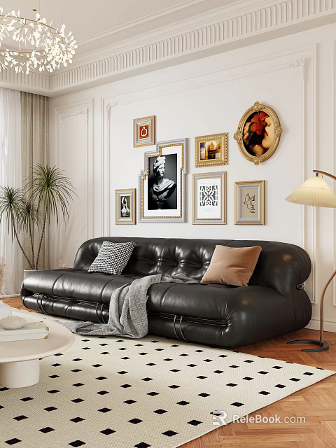 Black Leather Sectional Sofa With Decorative Pillows Throw Blanket Wall Art Frames And Floor Lamp In Living Room 3d model 