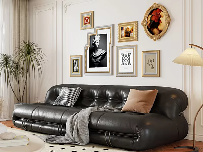 Black Leather Sectional Sofa With Decorative Pillows Throw Blanket Wall Art Frames And Floor Lamp In Living Room 3d model