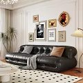 Black Leather Sectional Sofa With Decorative Pillows Throw Blanket Wall Art Frames And Floor Lamp In Living Room