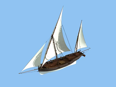 Unfurled White Sails On Wooden Sailing Boat Under Blue Sky 3d model