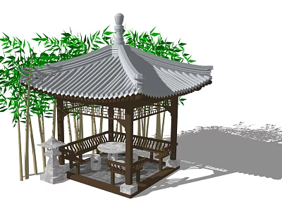 Traditional Chinese Pavilion With Tiled Roof Wooden Structure Bamboo Stone Lantern And Table Chairs 3d model