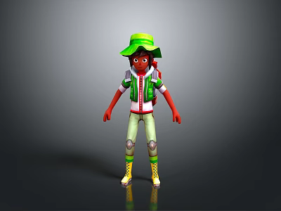 Animated Man Wearing Green Hat Green Vest White Top Light Green Pants And Yellow Boots 3d model