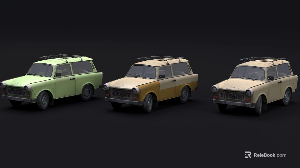 Three Vintage Station Wagons Green Yellow Beige With Roof Racks Classic Retro Design 3d model 