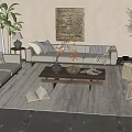 Cozy Living Room With Sofa Coffee Table Set Wooden Furniture Plants And Rug