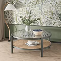 Round Coffee Table With Glass Top Woven Shelf Flower Vase Blueberries Books And Floral Wallpaper