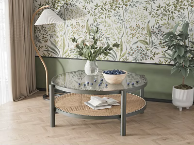 Round Coffee Table With Glass Top Woven Shelf Flower Vase Blueberries Books And Floral Wallpaper 3d model