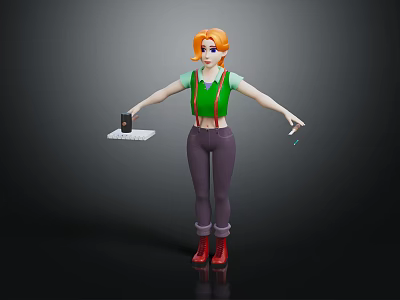 3D Character With Orange Hair Green Overalls Holding Tray And Small Object 3d model