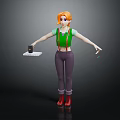 3D Character With Orange Hair Green Overalls Holding Tray And Small Object