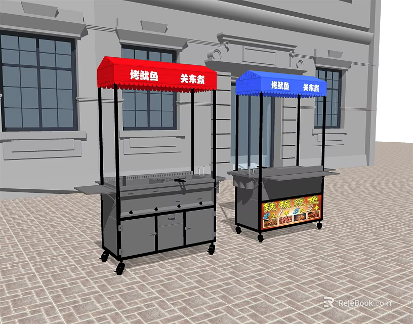 Mobile Commercial Food Vending Carts With Colored Canopies And Storage Cabinets 3d model 