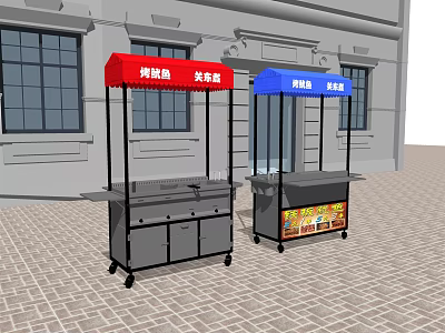 Mobile Commercial Food Vending Carts With Colored Canopies And Storage Cabinets 3d model