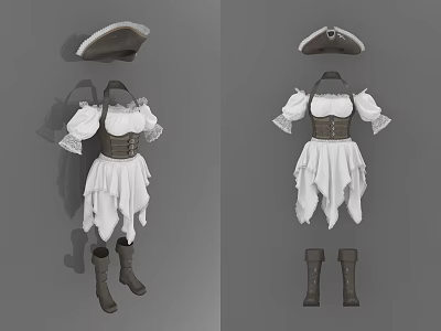 Retro Style Women's Clothing Set With Hat Puffed Sleeve Blouse Corset Dress And Boots 3d model