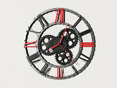 Modern Mechanical Wall Clock With Metallic Gears And Red Roman Numerals 3d model