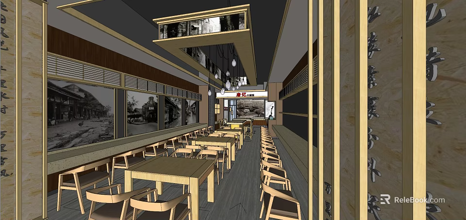 Traditional Restaurant Interior With Wooden Tables Chairs And Black White 3d model 