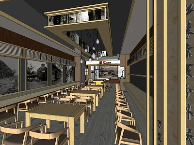 Traditional Restaurant Interior With Wooden Tables Chairs And Black White 3d model