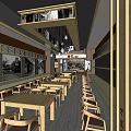 Traditional Restaurant Interior With Wooden Tables Chairs And Black White
