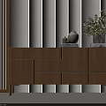 Modern Wooden Entryway Sideboard Cabinet With Vase Books And Potted Plant On Wall Paneling