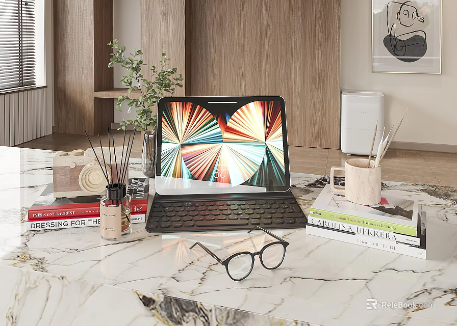 Stylish Decorative Accessories Set With Tablet Keyboard Eyeglasses Books And Green Plant On Marble Tabletop 3d model 