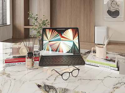 Stylish Decorative Accessories Set With Tablet Keyboard Eyeglasses Books And Green Plant On Marble Tabletop 3d model