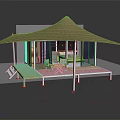 Modern Beige Canopy Tent With Wooden Deck Transparent Glass Walls And Outdoor Furniture