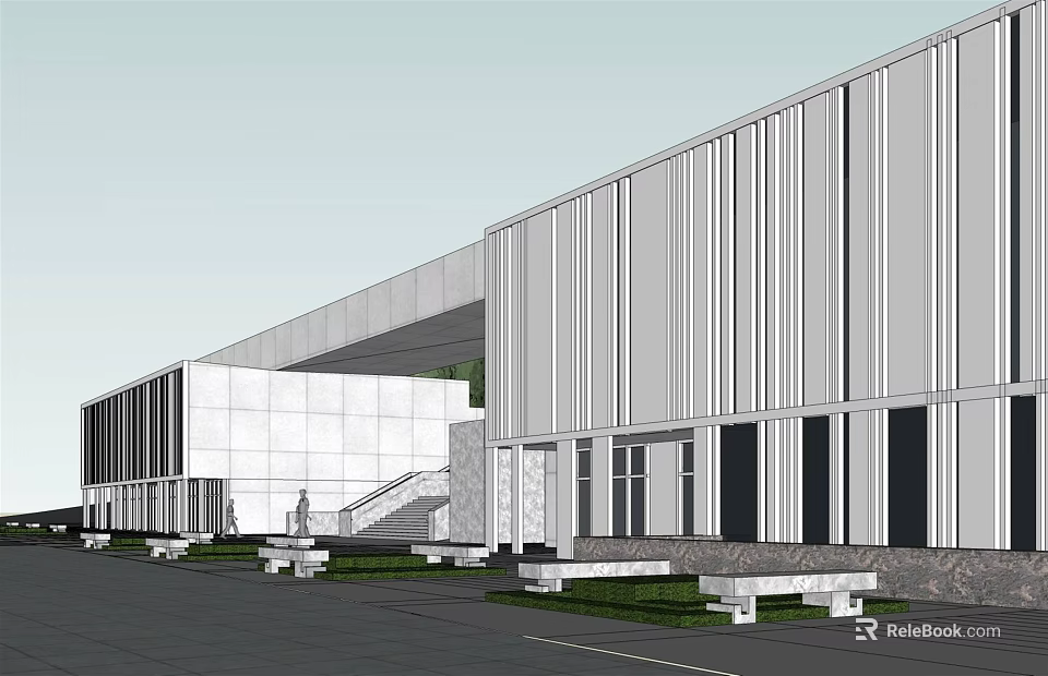 Modern Architectural Building Exterior Featuring Linear Facade Stairs Paved Ground And Seating Areas 3d model 