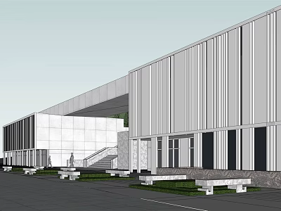 Modern Architectural Building Exterior Featuring Linear Facade Stairs Paved Ground And Seating Areas 3d model