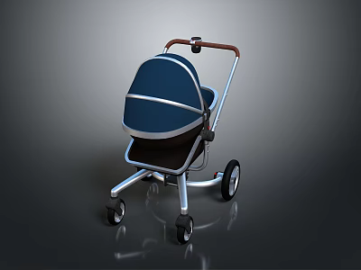 Stylish Baby Stroller Design With Blue Canopy Metal Frame And Swivel Wheels 3d model