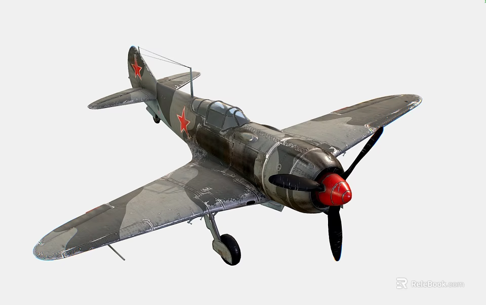 Vintage Military Fighter Plane with Camouflage Paint Red Nose and Red Star Insignia 3d model 