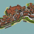 Traditional Commercial Street With Red Roofs Clock Tower And Central Plaza
