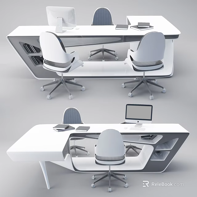 Modern White Office Desk With Sleek Design Computer Monitor And Comfortable Chairs 3d model 