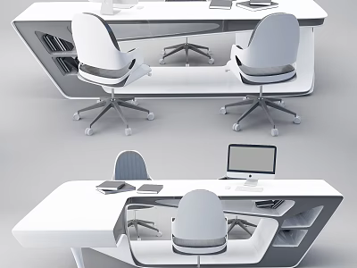 Modern White Office Desk With Sleek Design Computer Monitor And Comfortable Chairs 3d model