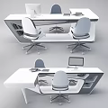 Modern White Office Desk With Sleek Design Computer Monitor And Comfortable Chairs