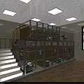 Two Story Pet Mall Shop Interior With Cages Staircase And Bright Ceiling Lights
