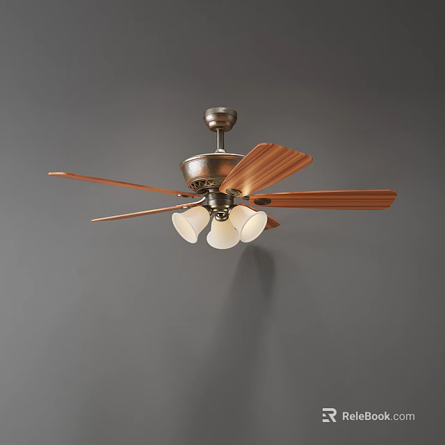 Ceiling Fan Light With Wooden Blades Metal Base And White Lampshades 3d model 