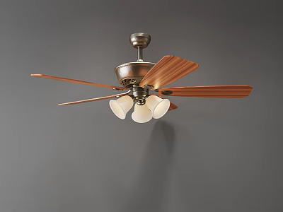 Ceiling Fan Light With Wooden Blades Metal Base And White Lampshades 3d model