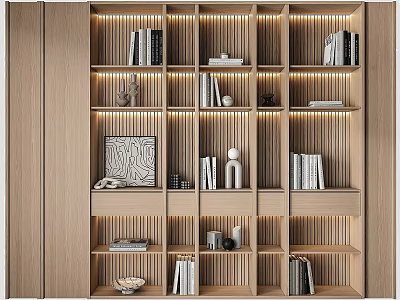 Modern Wooden Display Cabinet with Multiple Compartments Books Decorative Items and LED Lighting 3d model