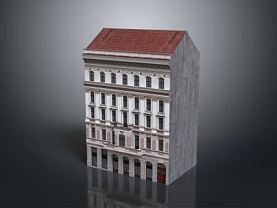 Classical Multistory Building With Red Roof And White Facade Featuring Multiple Windows And Arched Entrances 3d model