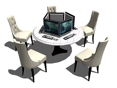 Round Marble Office Desk With Comfortable Chairs And Electronic Devices 3d model