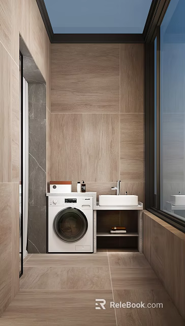 Modern Home Balcony Interior With Washing Machine Sink Wooden Tile Walls And Window 3d model 