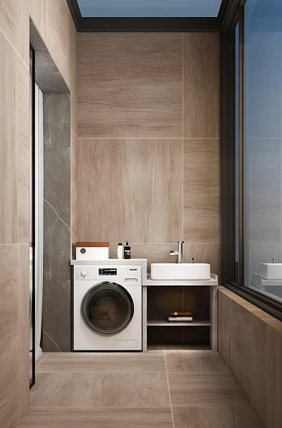 Modern Home Balcony Interior With Washing Machine Sink Wooden Tile Walls And Window 3d model