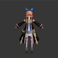 3D Anime Character Model With Blonde Hair Blue Bow Black Long Coat And Boots