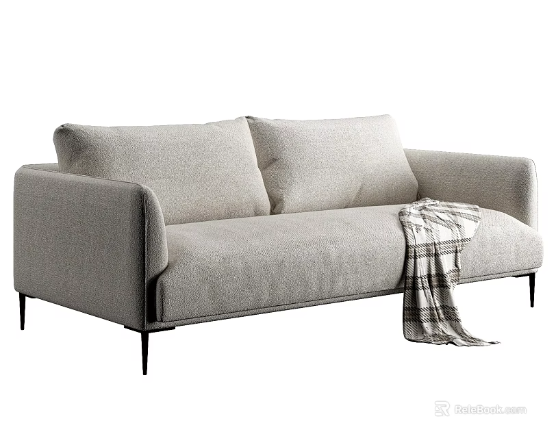 Light Gray Upholstered Two Seater Sofa With Black Slim Legs And Plaid Blanket 3d model 