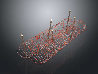 Barbed Wire Military Defense Setup With Burning Candles On Twisted Structure 3d model