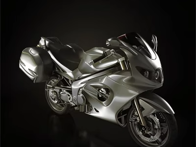 Silver Motorcycle with Sleek Design and Storage Cases on Black Background 3d model