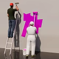 Men Painting Wall With Large Purple Letter Shape Using Ladder And Paint Bucket