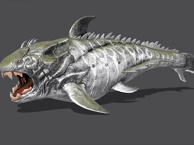Game And Movie Monster Character Featuring Silver Scales Sharp Teeth Open Mouth Spiked Fins 3d model