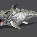 Game And Movie Monster Character Featuring Silver Scales Sharp Teeth Open Mouth Spiked Fins